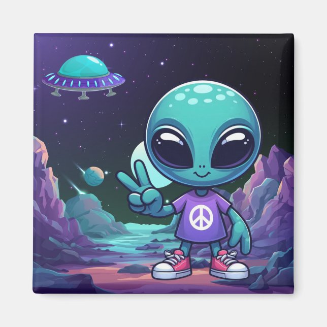 Aimant Alien de paix mignon et vaisseau spatial (Devant)