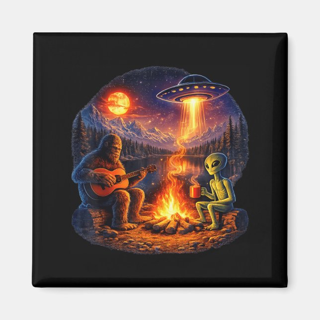 Aimant Alien Drôle et Bigfoot Feu de Camp Lune UFO (Devant)