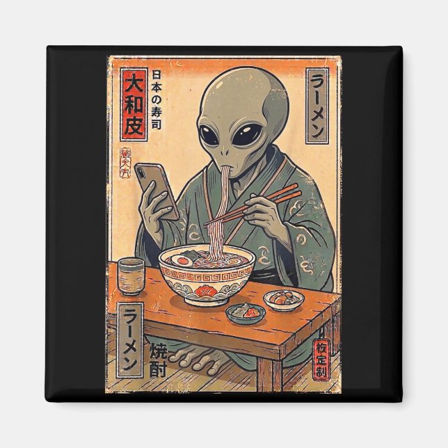 Aimant Alien drôle mangeant du ramen rétro hommes femmes  (Devant)