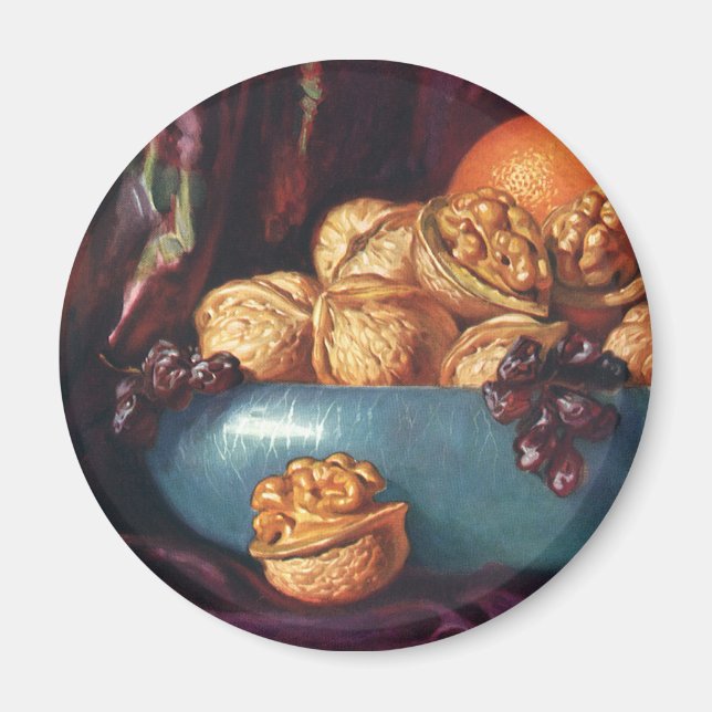 Aimant Aliments Anciens, Noix et Fruits dans un Bol Bleu (Devant)