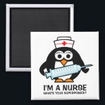Aimant allaitant drôle avec infirmière pingouin mi<br><div class="desc">Aimant allaitant amusant avec infirmière pingouin mignonne tenant une grande aiguille de seringue. Citation humoristique pour super infirmière RN, infirmière autorisée, infirmières semaine / jour, diplômé de l'école de soins infirmiers, lpn, soignant, bureau des médecins, etc. Aimant frigo de dessin animé animal amusant. Je suis infirmière. Quelle superpuissance ? Les...</div>