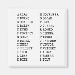 Aimant Alphabet phonétique de l'aviation ALPHA BRAVO CHAR