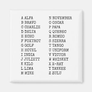 Aimant Alphabet phonétique de l'aviation ALPHA BRAVO CHAR
