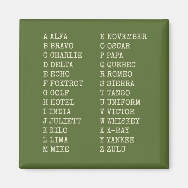 Aimant Alphabet Phonétique de l'Aviation – Vert Mi (Devant)
