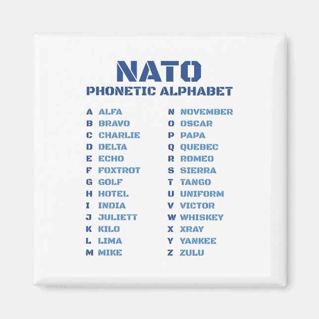 Aimant Alphabet phonétique de l'OTAN OACI (Devant)
