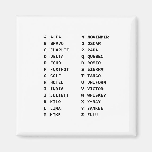 Aimant Alphabet phonétique de l'OTAN Tableau à deux colon (Devant)