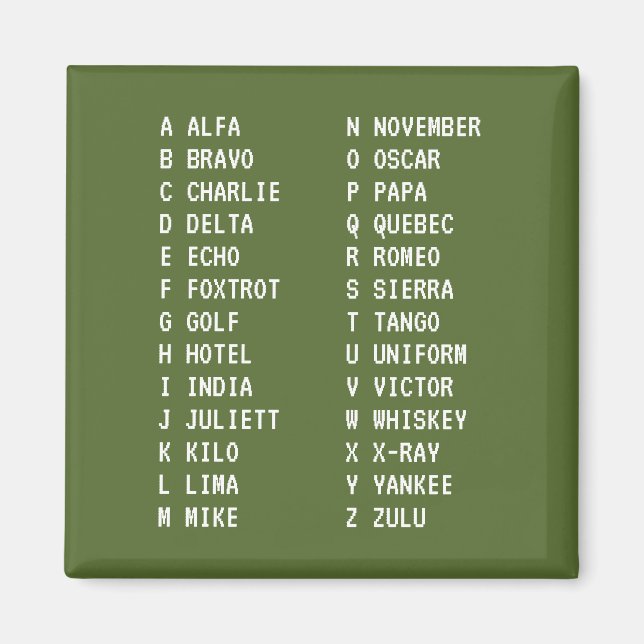 Aimant Alphabet phonétique militaire A-Z Code de l'aviati (Devant)