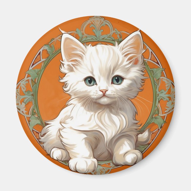 Aimant Alphonse Mucha Art Nouveau Kitten blanc (Devant)