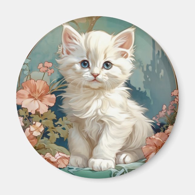 Aimant Alphonse Mucha Style Chat blanc (Devant)