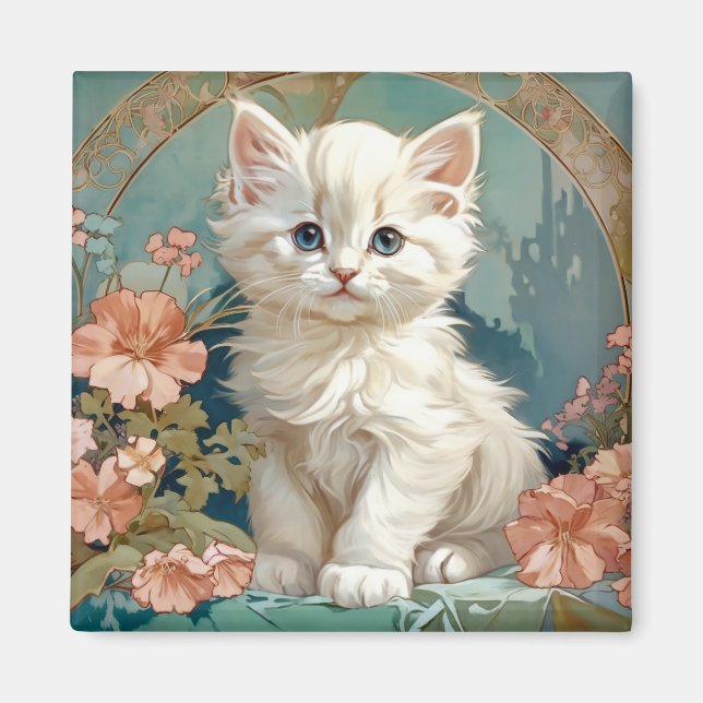 Aimant Alphonse Mucha Style Chat blanc, art chaton persan (Devant)