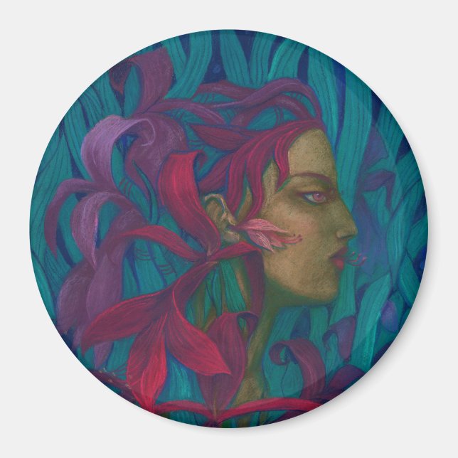 Aimant Amaryllis, femme & fleurs fine art pop-surréalisme (Devant)