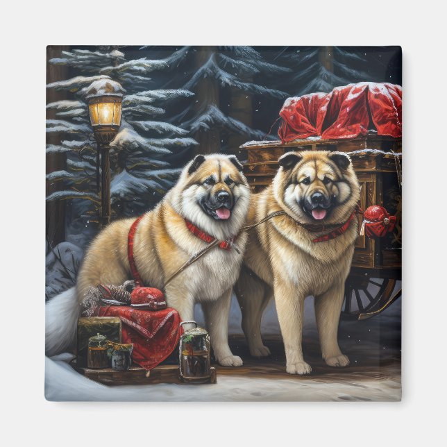 Aimant American Akita Snowy Sleigh Ride Décor de Noël (Devant)