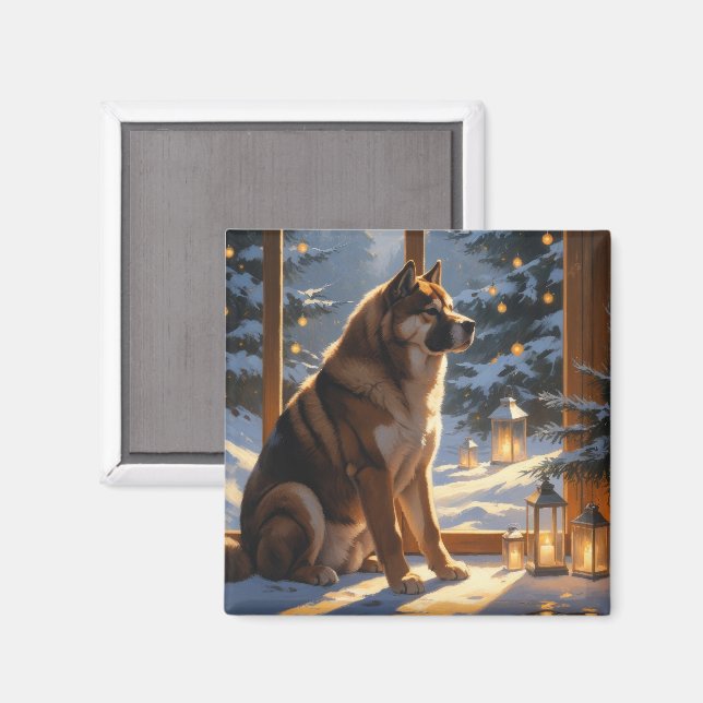 Aimant American Akita With Christmas Lights Holiday (Recto/Verso)