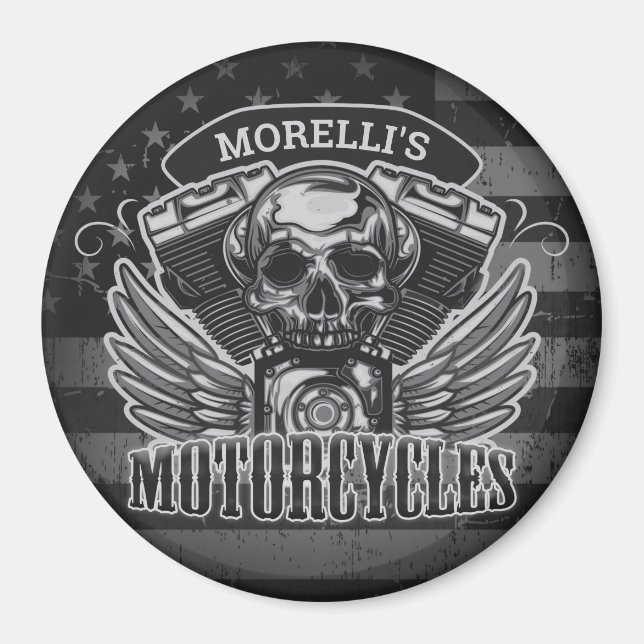 Aimant American Biker AJOUTER LE NOM Skull V-Twin Motos (Devant)