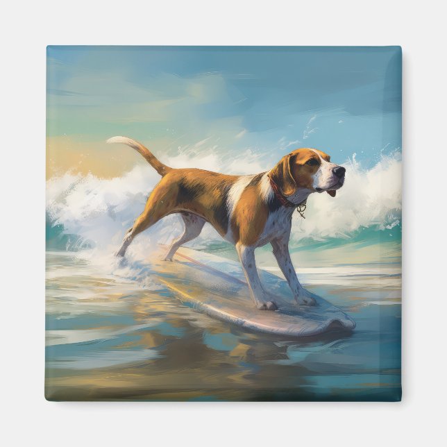 Aimant American Engligh Foxhound Beach Surfing Paining (Devant)