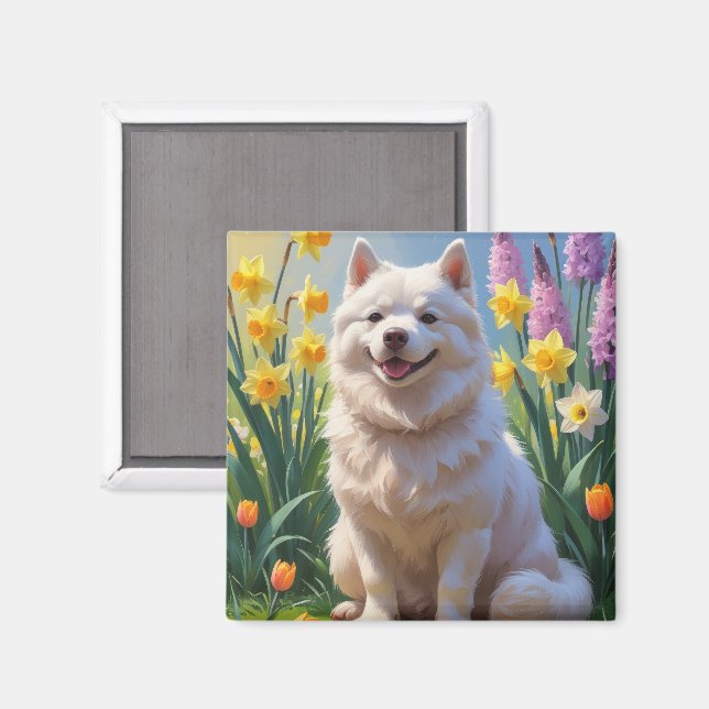 Aimant American Eskimo Chien Fleurs de printemps Peinture (Recto/Verso)