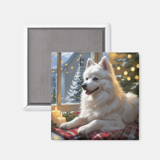 Aimant American Eskimo With Christmas Lights Holiday (Recto/Verso)