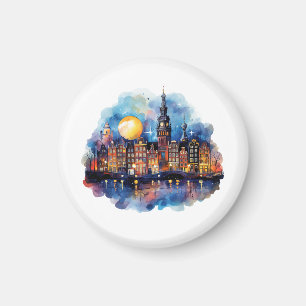 Aimant Amsterdam en aquarelle de nuit