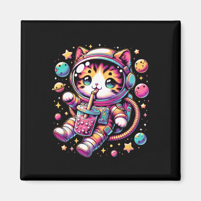 Aimant Amusant astronaute espace Kawaii Boba Tea Cat (Devant)