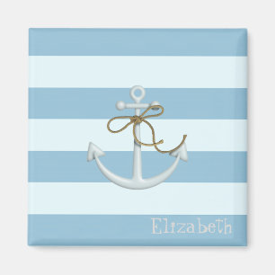 Aimant Ancre nautique adorable sur rayures bleu clair