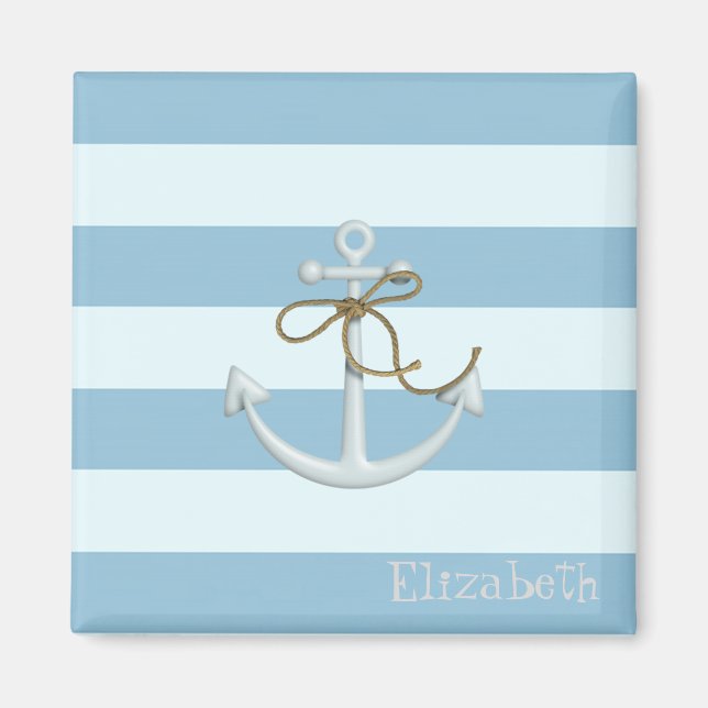Aimant Ancre nautique adorable sur rayures bleu clair (Devant)