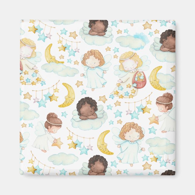 Aimant Anges adorables et étoiles Aquarelle Art (Devant)