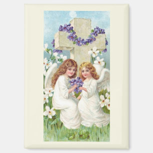 Aimant Anges Mignons Avec Croix Et Fleurs