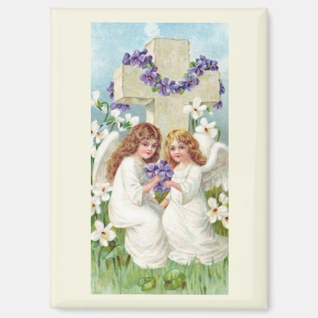 Aimant Anges Mignons Avec Croix Et Fleurs  (Recto)