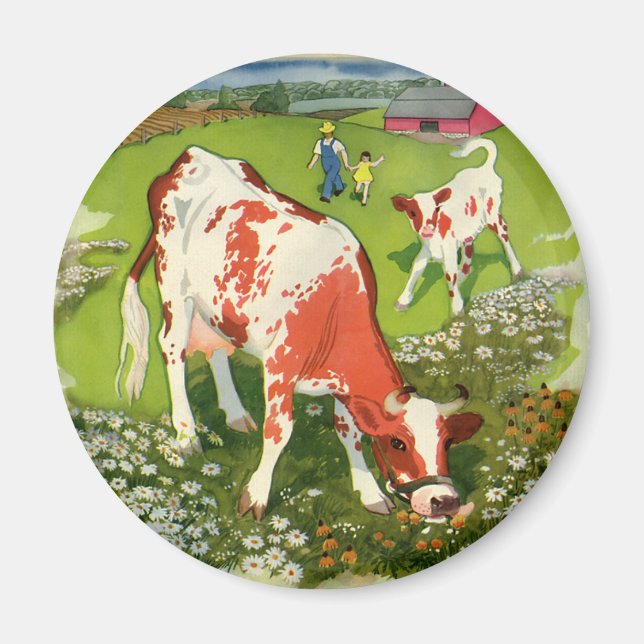 Aimant Animaux de ferme vintages, Vaches pâturant avec fe (Devant)