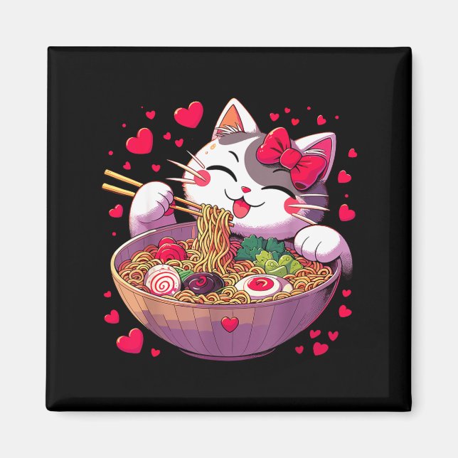 Aimant Anime Cat Eating Ramen Noodles With Hearts Valenti (Devant)