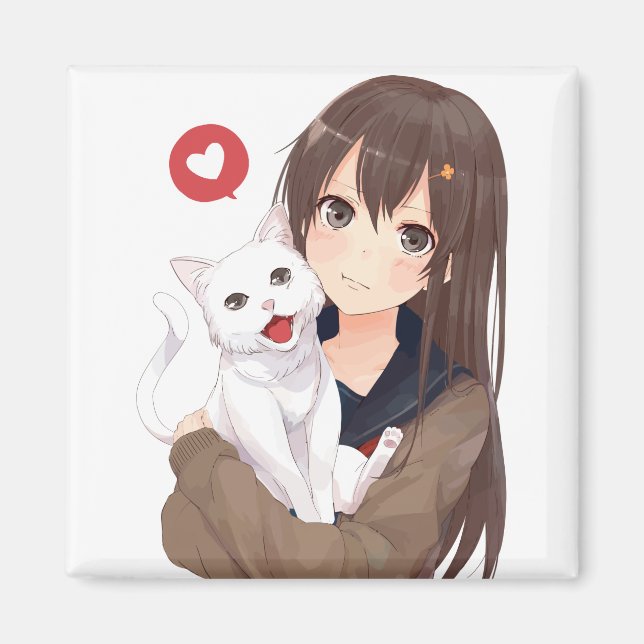 Aimant Anime Girl Et Son Chat (Devant)