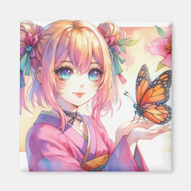 Aimant Anime Girl Holding a Butterfly Ai Art (Devant)