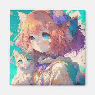 Aimant Anime Girl Holding an Adorable Kitten