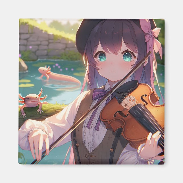 Aimant Anime Girl Jouer le violon et les Axolotls (Devant)