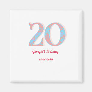 AIMANT ANNIVERSAIRE 20 ANS PEACH BLUE GRAS RÉTRO NOM STYL