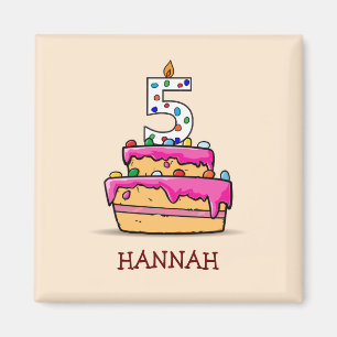 Aimant Anniversaire 5 ans d'une fille, 5 sur un gâteau ro