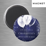 Aimant Anniversaire bleu marine argent ballons enregistre<br><div class="desc">Pour un 18e anniversaire (ou tout âge). Bleu bleu marine, la couleur bleue est inégale. Décoré de parties scintillant en faux argent, de mousseux et de ballons blancs. Personnalisez et ajoutez un nom. Lettres blanches. Peut être utilisé comme garde, faveur de la fête ou comme rappel Enregistrer la date pour...</div>