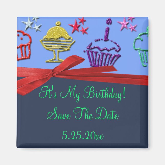 Aimant Anniversaire Cupcake Treat Surprise Date de sauveg (Devant)