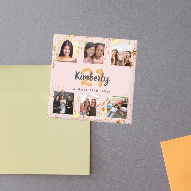 Aimant Anniversaire photo collage rose or meilleurs amis (Créateur téléchargé)