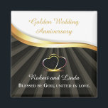 Aimant Anniversaire religieux du 50e Mariage d'or<br><div class="desc">Cet objet cadeau de félicitations est la façon parfaite de commémorer le 50e anniversaire de mariage d'un couple avec une touche religieuse. Le design comporte deux anneaux de coeur entrelacés d'un regard doré sur un arrière - plan noir, symbolisant l'amour et l'engagement durables du couple. Il évoque un sens de...</div>