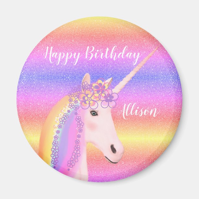 Aimant Anniversaire Unicorn Pastel Rainbow Parties scinti (Devant)