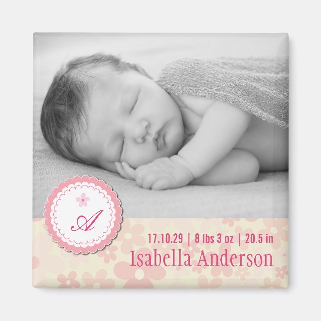 Aimant Annonce de naissance de bébé fille aux marguerites (Devant)