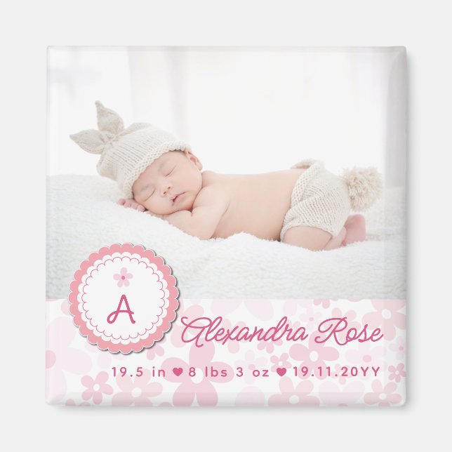 Aimant Annonce de naissance de bébé fille aux marguerites (Devant)