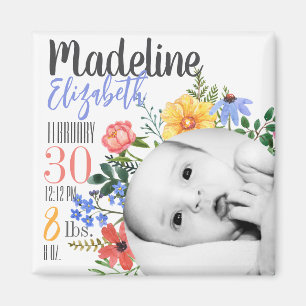 Aimant Annonce de naissance personnalisée avec fleurs sau