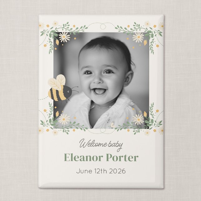 Aimant Annonce de nouveau bébé Botanic Bee Cadeau souveni (Wildflower Flight - New Baby Announcement Honey Bee Keepsake Fridge Magnet)