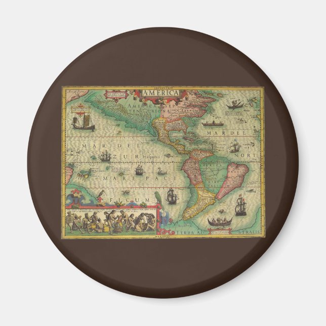 Aimant Antique carte du Vieux Monde des Amériques, 1606 (Devant)