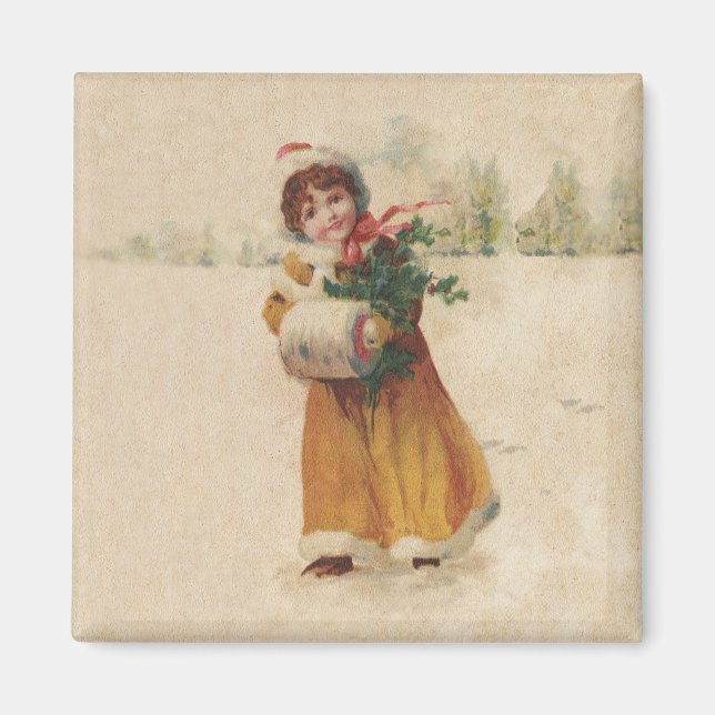 Aimant Antique Fille de Noël Enfant d'hiver (Devant)