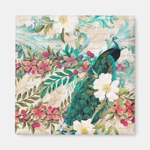 Aimant Antique Illustrated Peacock & Flowers Grunge