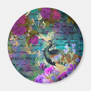 Aimant Antique Paon Illustré & Fleurs Grunge