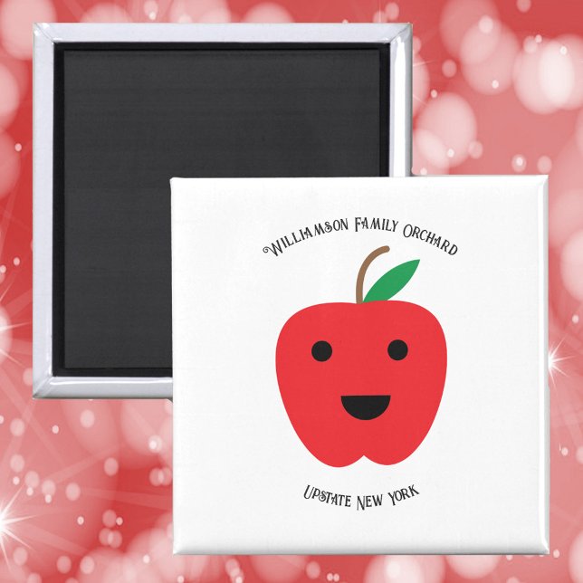 Aimant Apple Orchard Cute Family Personnaliser (A magnet with a cute red apple with a smile and text you can personalize!)